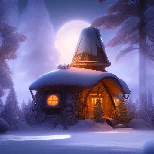 Mysterious christmas night, a lonely hut, surreal atmosphere, cosmic backdrop, celestial ambience, soft lighting, very chilly appearance of the surroundings, unreal engine 5 volumetric lighting, intricate details, realistic style, 8k resolution