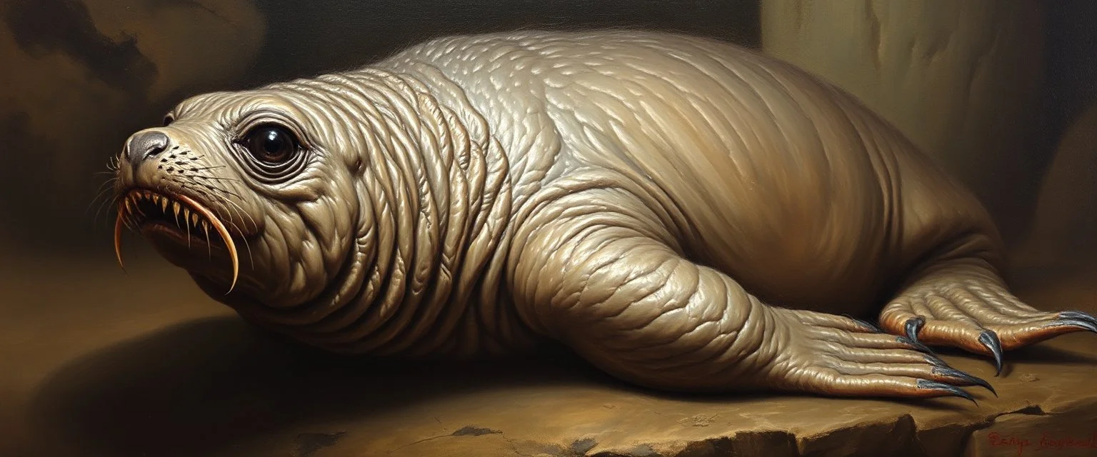 master oil painting by Rembrandt, creature from before the dinosaur alien bear seal gremlin