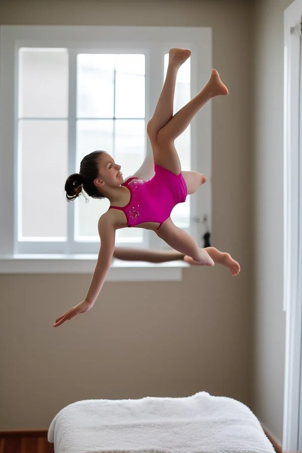 beautiful teen doing gymnastics in her room. bikini. with dad