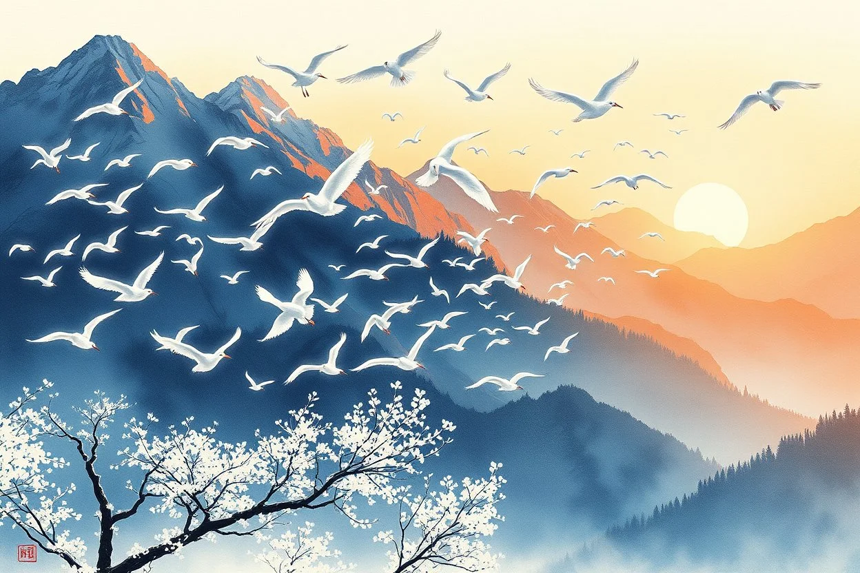 Create * Japanese ink painting + Disney style : white big bird’s murmuration , sunrise in Japanese Mountains , HR, HD, fantasy