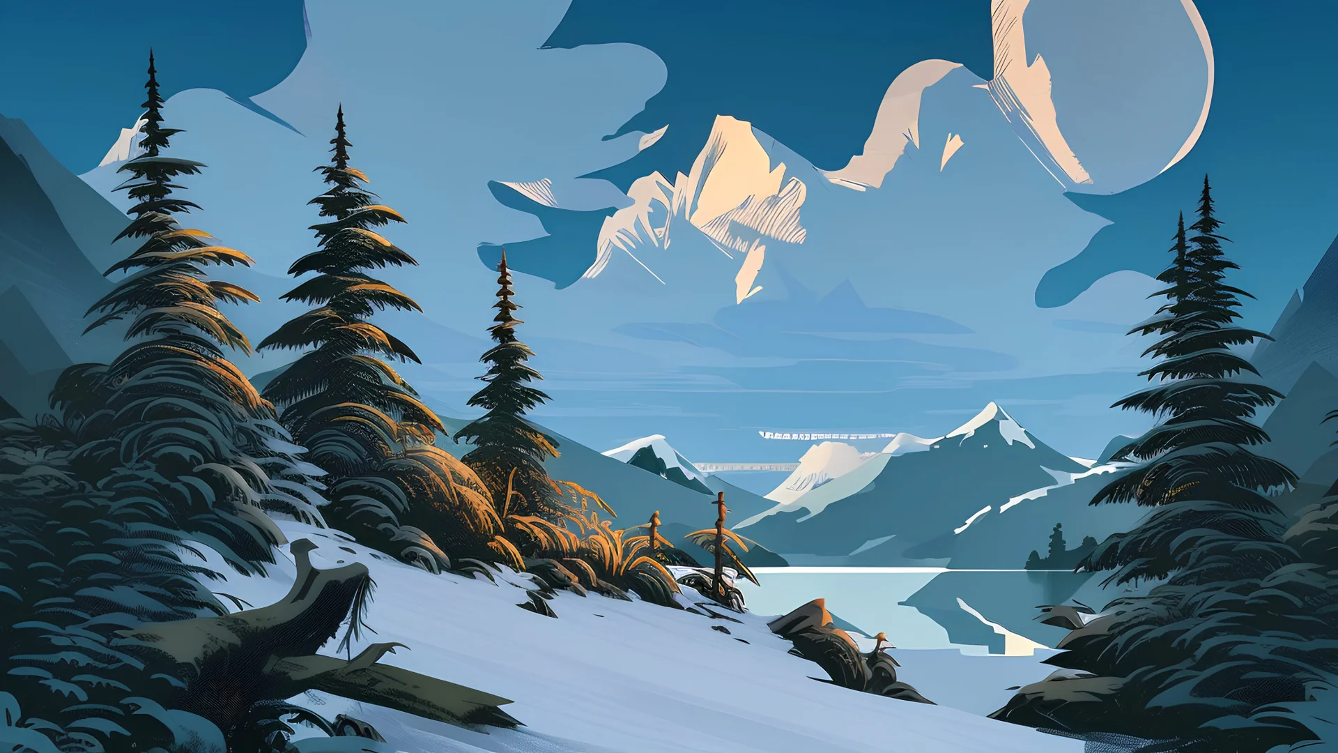 Stylized image of a forest, near a serene lake and mountains in the background at sunrise