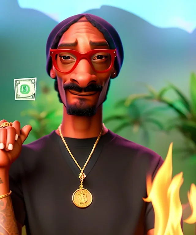 Snoop Dogg, cigar with dollars burning, jungle background, hyper realistic