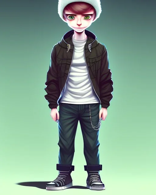 A short guy with a round head and big muscles wearing a net undershirt, a jacket, and a beanie that does not cover the ears. He has a small chain around his neck, baggy pants, and white wooden shoes. anime style