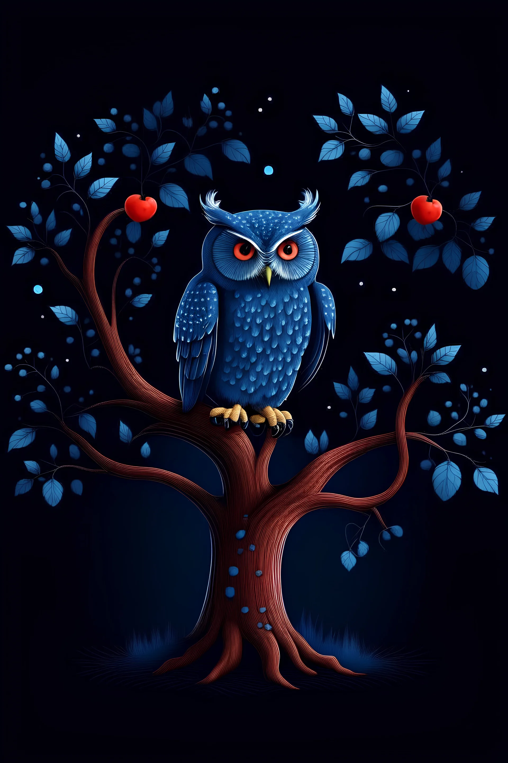 Tree with owl strawberry night blue