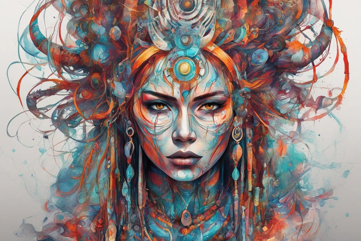 create an abstract expressionist full body illustration of a deeply spiritual, ethereal, darkly magical, epic nomadic tundra female shaman with highly detailed and deeply cut facial features, searing lines and forceful strokes, precisely drawn, boldly inked, with rich striking colors