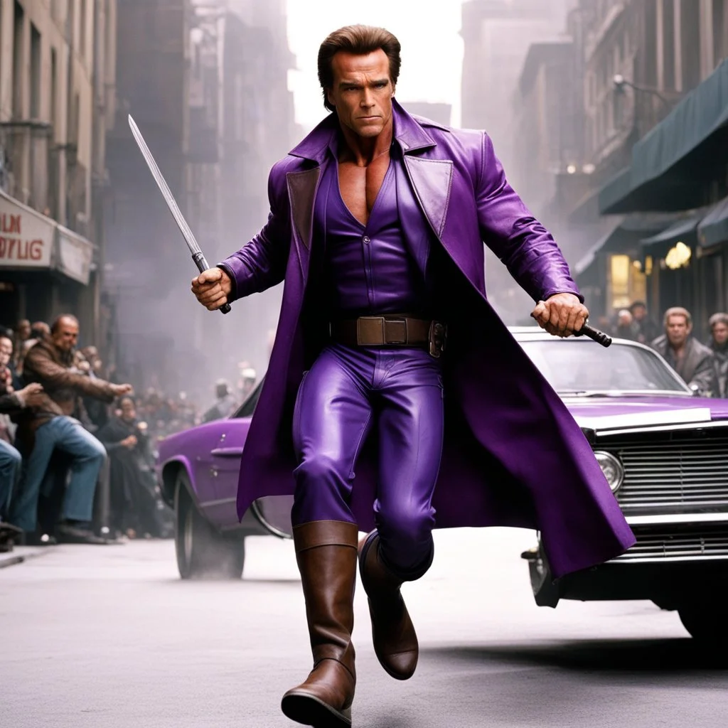 Arnold Schwarzenegger is in the role of Gambit, complete with the iconic purple outfit, long brown leather coat, and wooden bo staff. His portrayal of the Cajun X-Men mutant jumping over a car in action in the city.