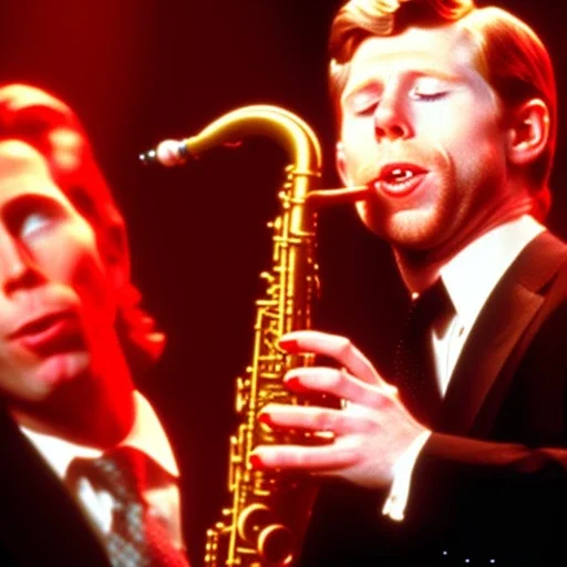 eyes closed REd-haired ron howard is richie from happy days playing the saxophone in a band with his "eyes closed", rock band, Saxophone lip, looking at camera