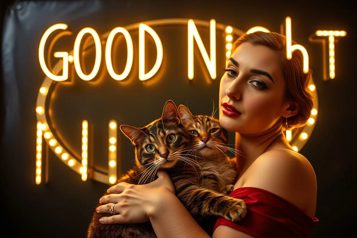 sign "GOOD NIGHT", photo, portrait of an art deco woman with a cat