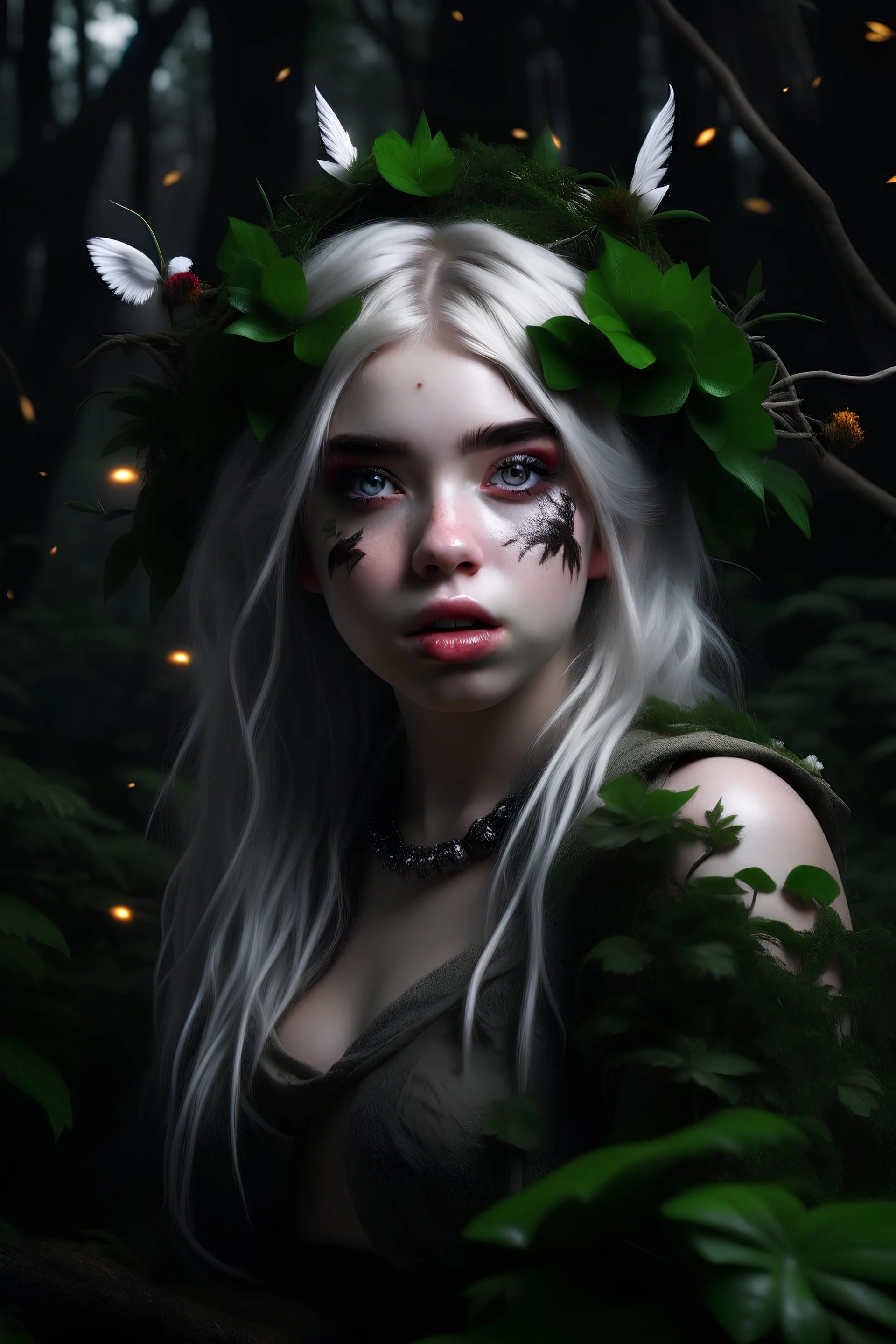 beautiful young sexy billie eilish, covered in leaves with exposed shoulders and belly, long messy braided white hair, druid, dungeons and dragons, pale smooth skin, nature, flowers crown, choker, realistic, highly detailed face, very high resolution, looking at the camera, centered