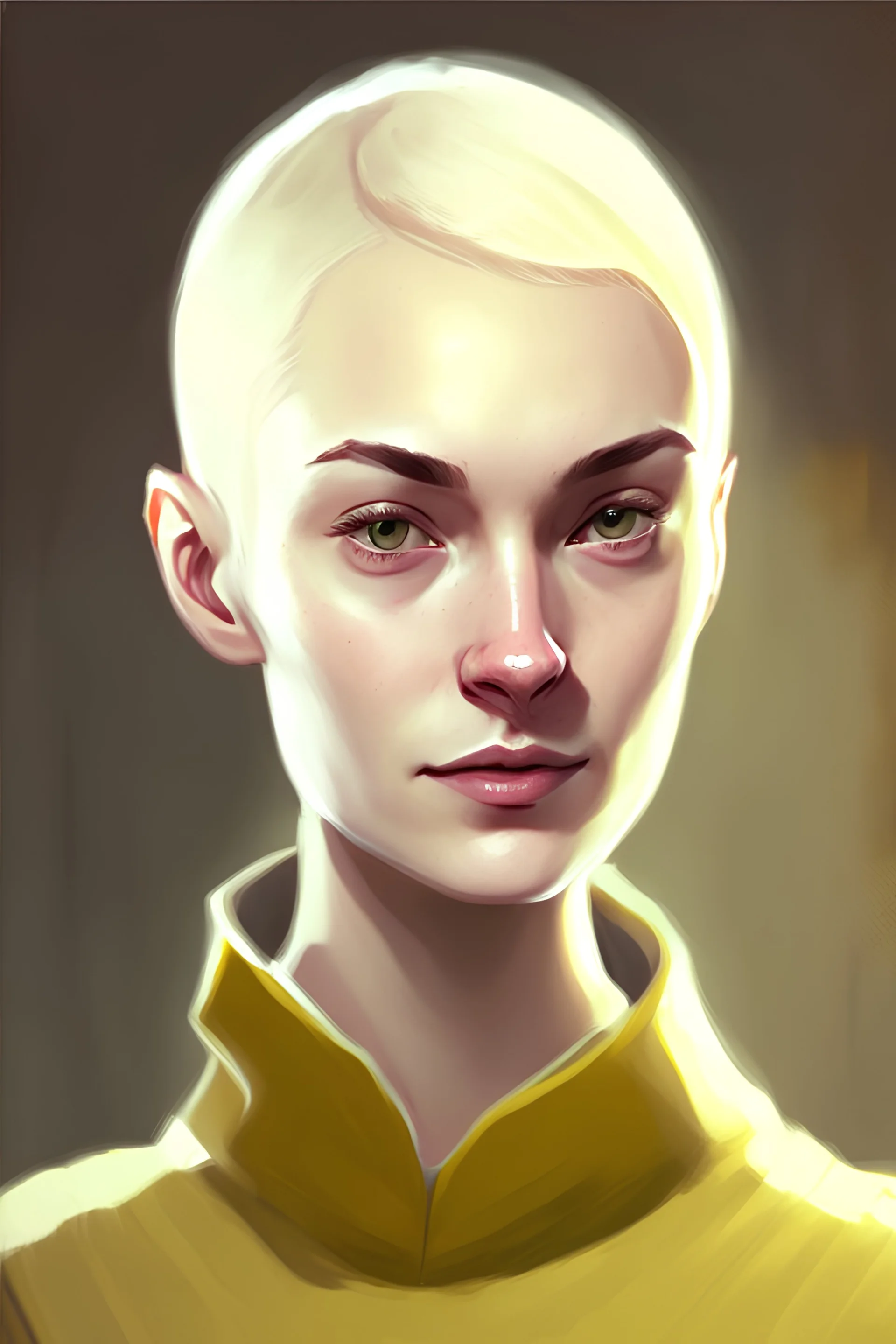 full colour drawing, portrait, 22-year old friendly slender female human cleric, shaved head, blonde eyebrows