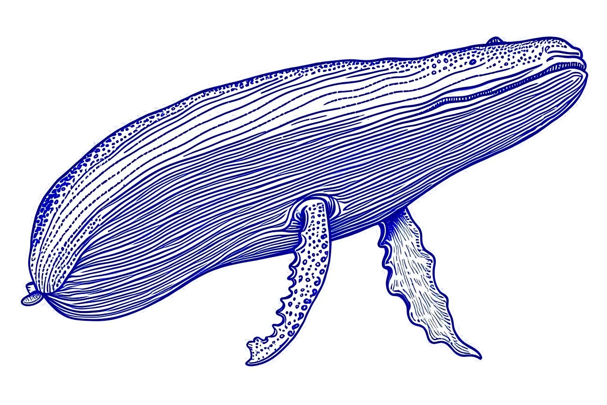 a drawing of a whale in acrylic paint marker style. Blue whale, white background.