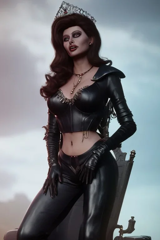 Young Sophia Loren as evil queen in black leather, sitting on a throne, cleavage, angry, stern look, unreal 5, octane render,cinema4d, dynamic lighting, dramatic lighting, 4k, redshift render, highly detailed, hyper realistic