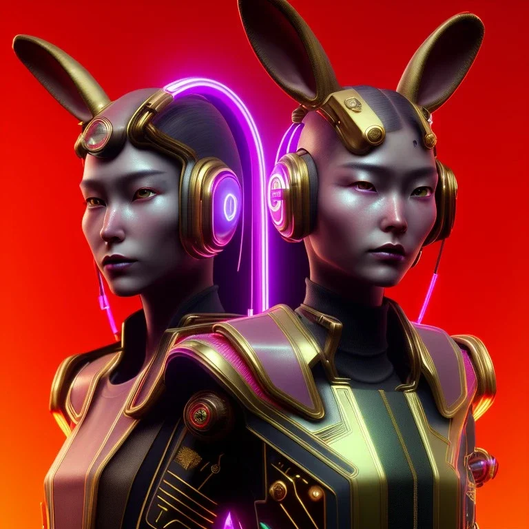 Medium Close Up Portrait, Front image. cyberpunk Asian woman, pink short hair. rabbit mask, latex suit. Red, black, gold, color. Punk style. Gradient background, highly detailed, concept art, smooth, unreal engine 5, god rays, ray tracing, RTX, lumen lighting, ultra detail, volumetric lighting, 3d, finely drawn, high definition, high resolution.