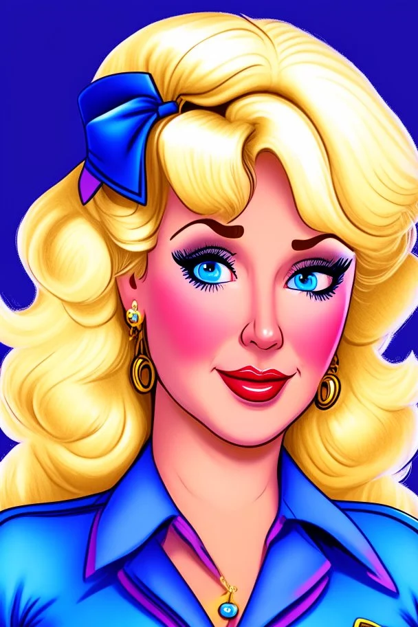 cartoon portrait of a very feminine, sexy and very busty blonde stewardess in tight blue uniform with big golden hair, strong makeup, big smoky eyes with long lashes, pouty luscious purple cocksucker lips and large golden earrings
