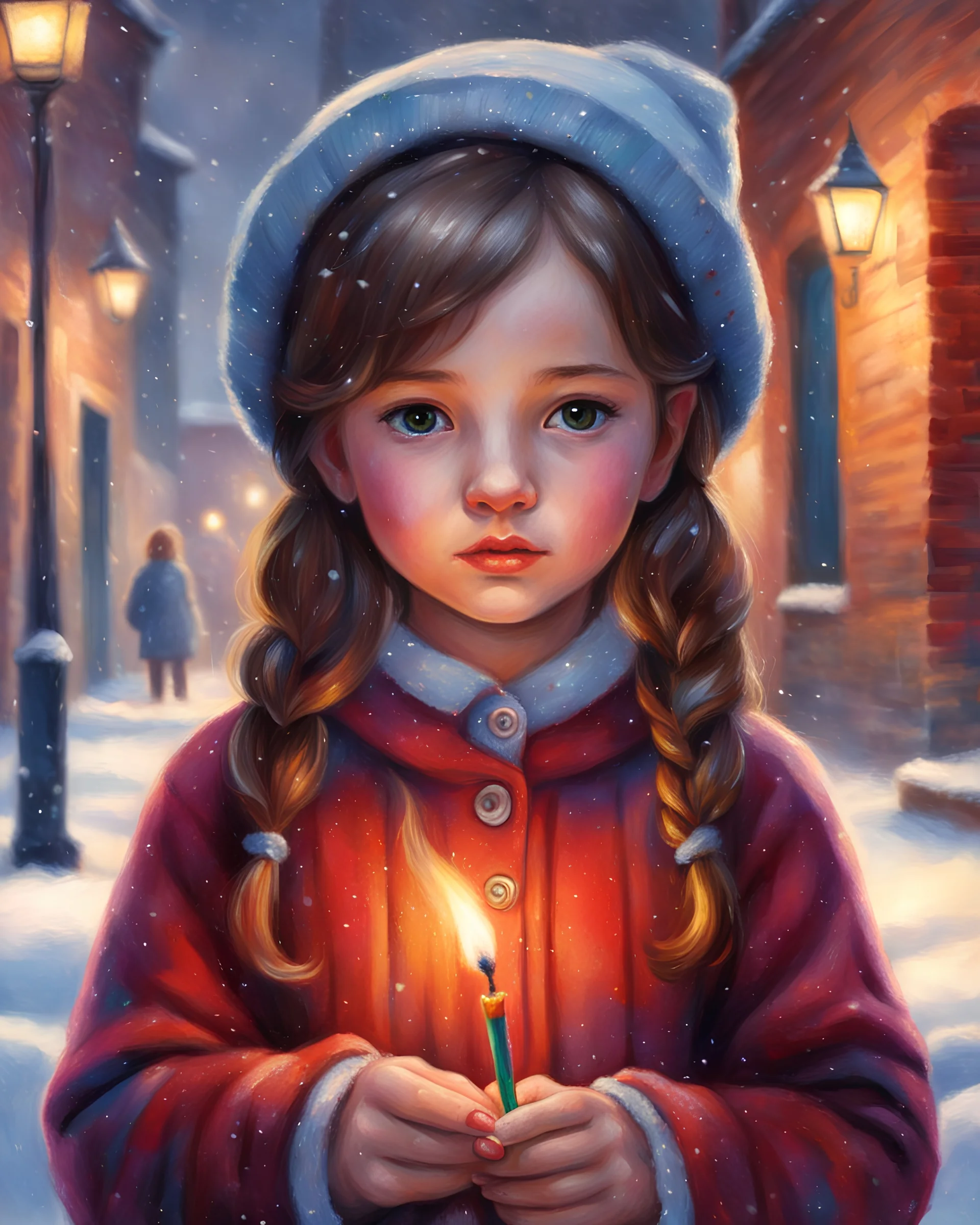 Match Girl, poor girl, oil pastel painting style, oil pastel painting, oil pastel art, close-up face, a little girl holds a lighted match in one hand, old knitted dress, adorable eyes, look at the camera, front view, brick wall and snowfall in the background, illustration, oil pastel painting, oil pastel painting style, colorful, vivid colors, high detail, high quality, 8k, masterpiece, best quality