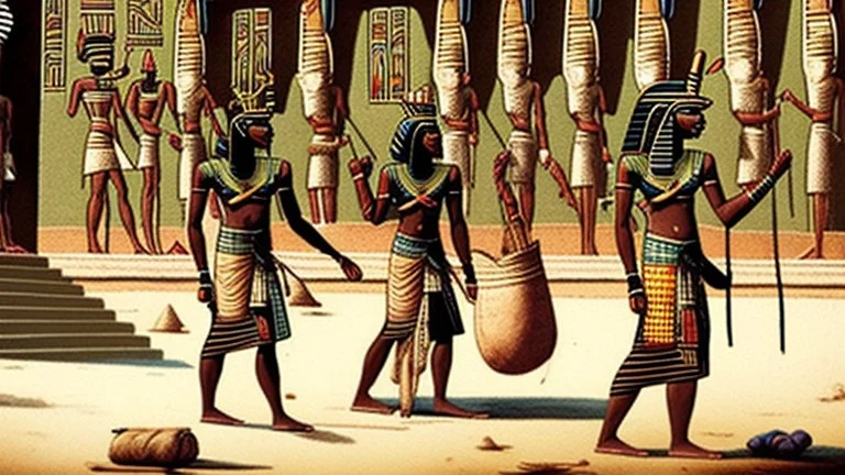 Ancient Egyptian soldiers tying large bags