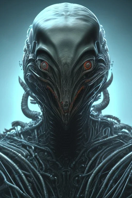 evil predator with crown, alien, brutal face, tron, head, burn eyes, 8k, finely detailed, dark light, photo realistic, hr giger, cyberpunk