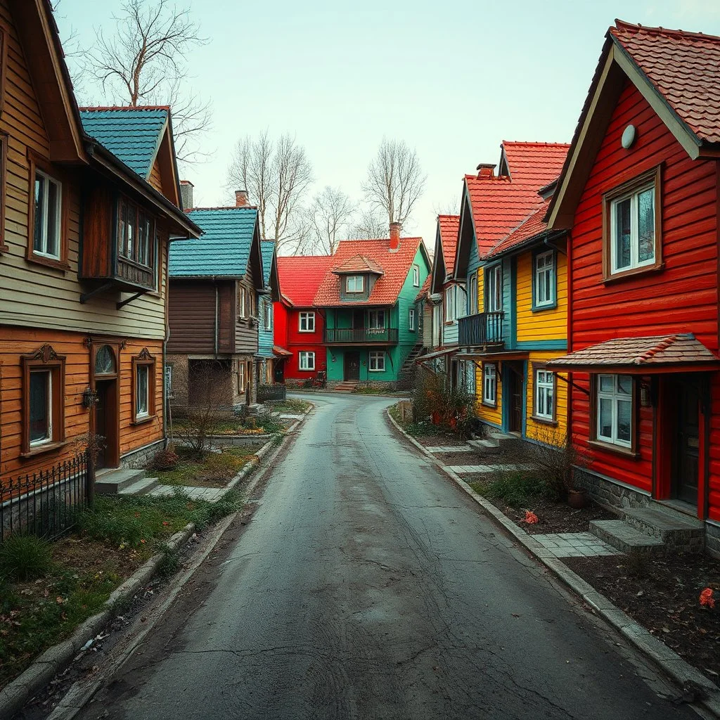 Fotografia di strada random assurda e Moldavia Transnistria Adighezia weirdcore dai colori vivaci. Non luogo falso, inusuale. Max Ernst. Le case sono false e dipinte di chiaro con cose stilizzate e dettagli. Ci sono strane. , che danno un senso distopico e molto surreale, disposte in modo casuale. L'atmosfera generale sembra noiosa e onirica, con un contrasto tra elementi reali