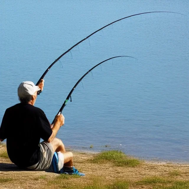 homme entrain de pêcher, vue éloigné, de coté, position assise, réaliste