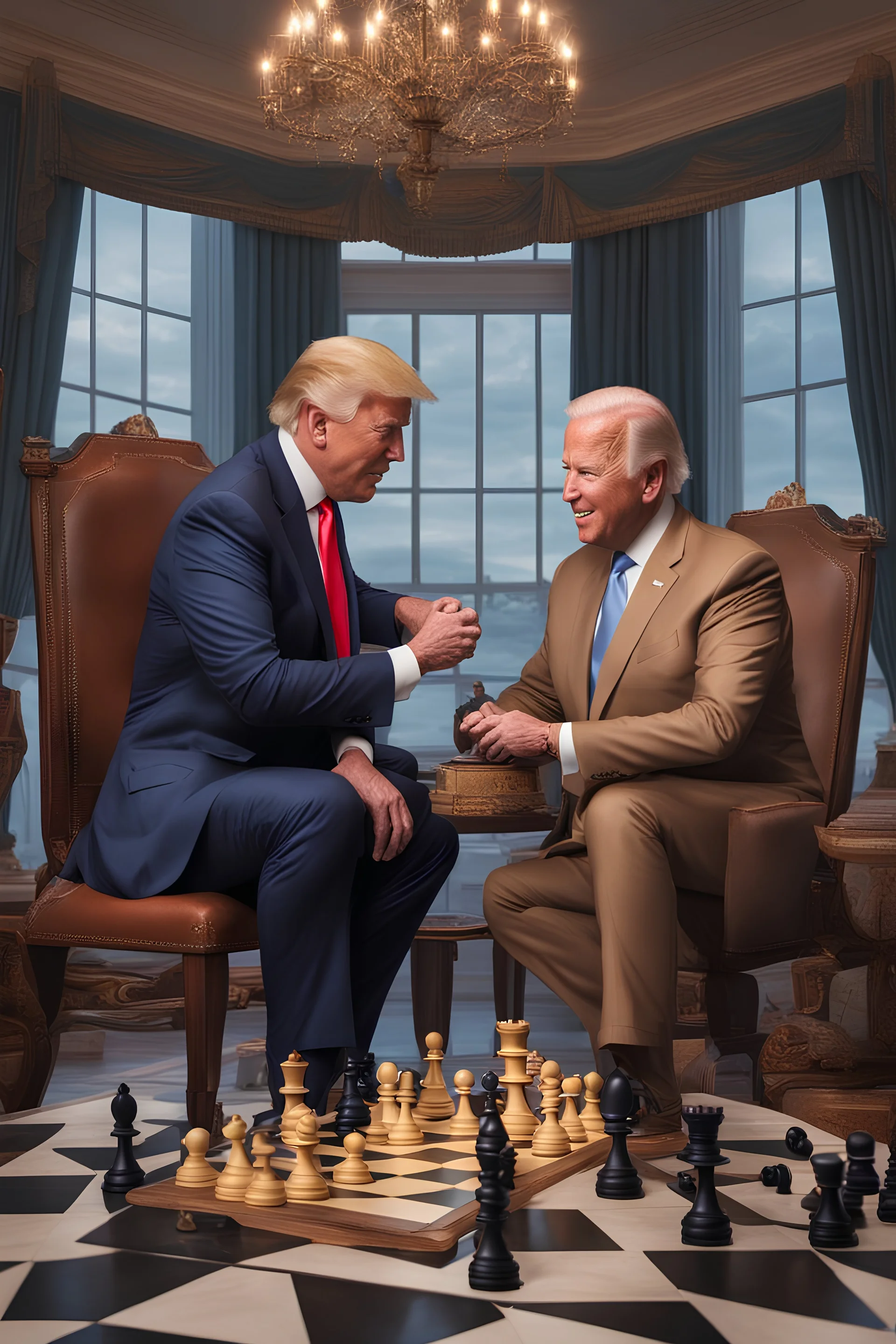 A hyper-realistic , Joe Biden and Trump in a game of chess,Trump smiling ,Biden angry, 64K, hyperrealistic, vivid colors, (glow effects:1.2) , 4K ultra detail, , real photo