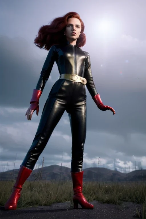 retro portrait image from 1960, sky background, wind, long red hair, fighting stance, sweet young Scarlett Johansson, black dress, classic long tight lycra black suit, gold bracelet and belt, high heel boots, superhero style, soft color, highly detailed, unreal engine 5, ray tracing, RTX, lumen lighting, ultra detail, volumetric lighting, 3d, finely drawn, high definition, high resolution.