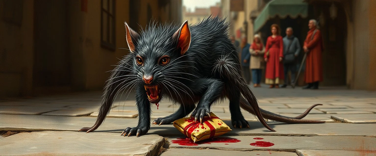 portrait of a hairy rock star spider rat cat, fantasy art, style of Rembrandt,Dead drop discovery: While walking, a party member stumbles upon a small, blood-stained package hidden in a gutter. It contains a coded message to a cult of the Dead Three. 9-10 Parade of the Patriars: A noble's procession blocks the street. The crowd is forced to bow, and guards roughly shove anyone who doesn't move quickly enough.