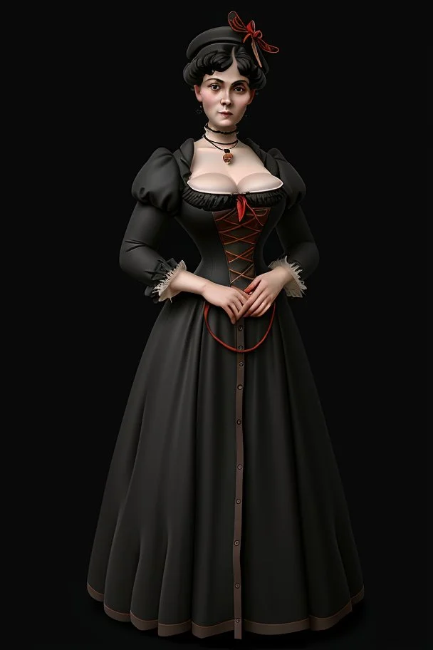 warm but stern aunty victorian era, posh british accent influenced, high born facial features dnd character on a solid black background, full body image, high quality realistic.