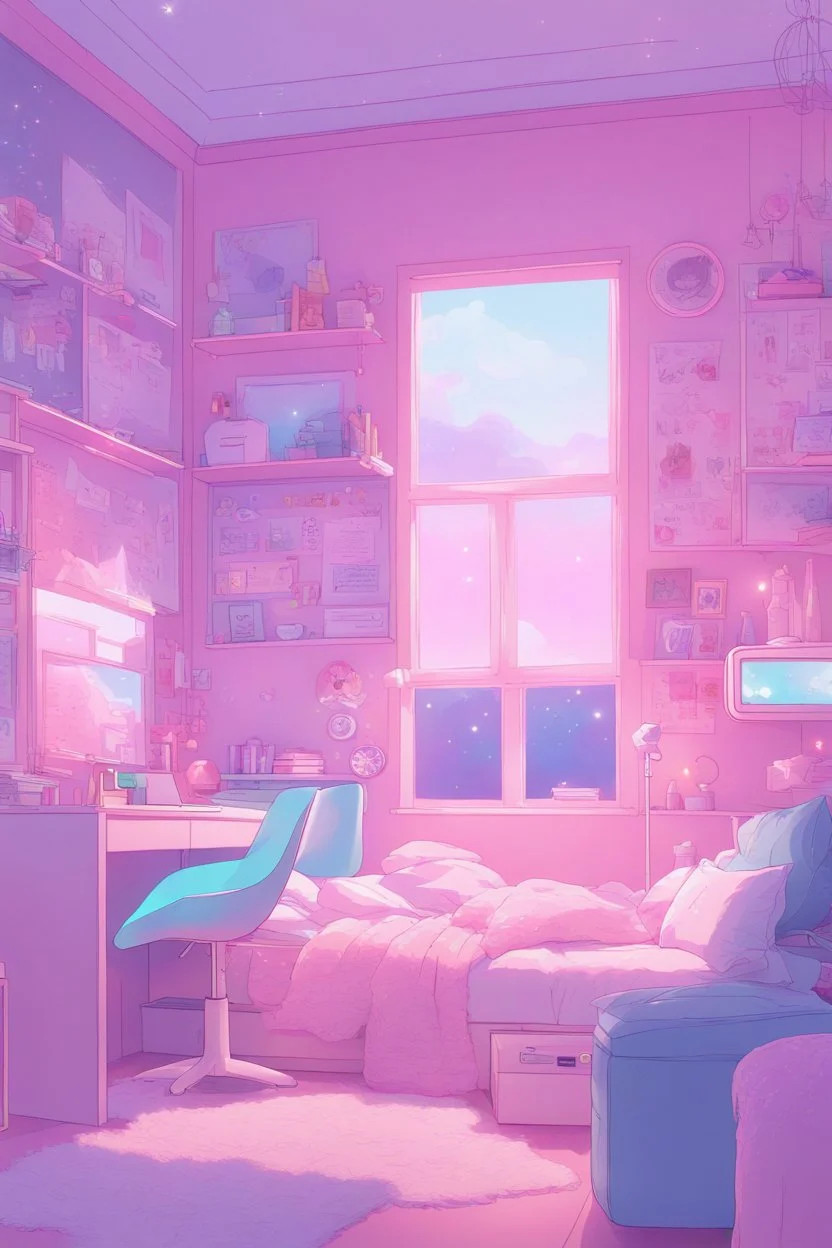 a drawing of the girl's room is adorned with neon and light up posters, in the style of pastel, anime aesthetic