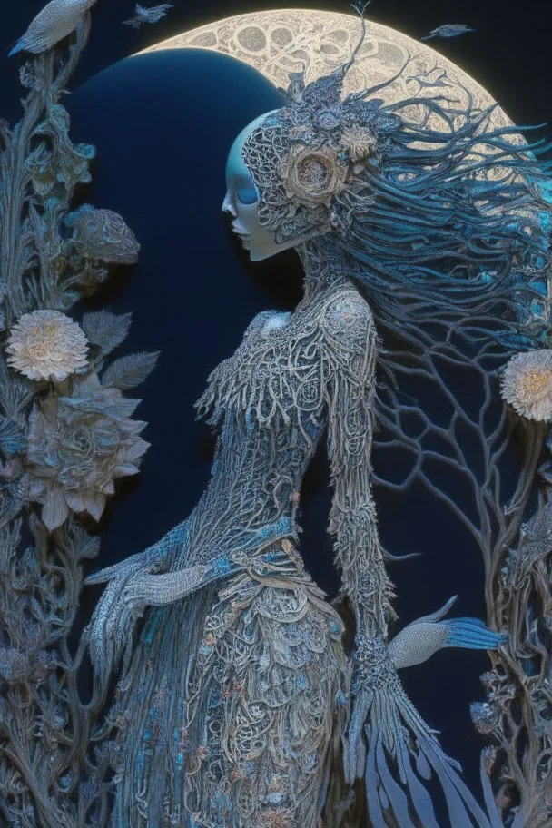 Artwork entitled "Skull Moon Pond Goddess " depicts a partially skeletonized Pond Goddess wearing a gown made from detailed quilling consisting of feathers, foliage, fish scales, flowers, and gemstones appearing inside an archway of quilling growing around her and the skull moon; insanely detailed; quilling; elegant, fantasy, rose tones, beautiful, rapturous