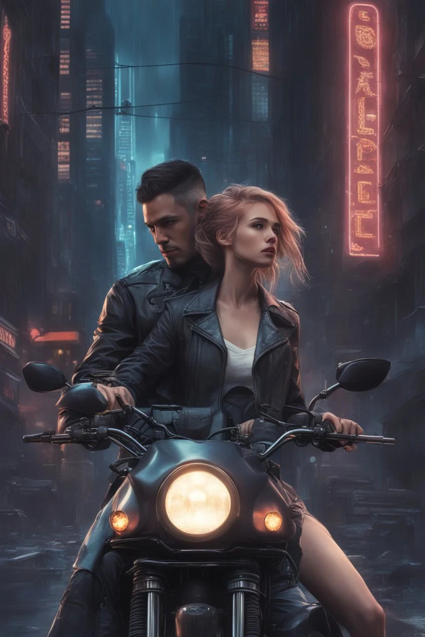 Science fiction, cyberpunk, city street, couple girl and guy, together, love at first sight, forbidden love, storm, lightning, motorcycle