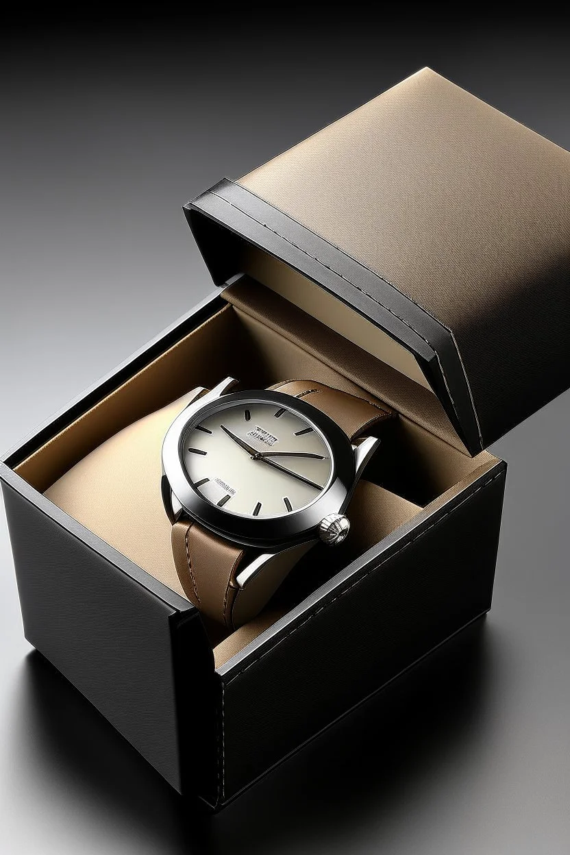 Produce an image of an elegant, leather-bound watch box with meticulous stitching details and a delicate embossed logo. The box should be opened slightly to reveal a high-end wristwatch nestled within."