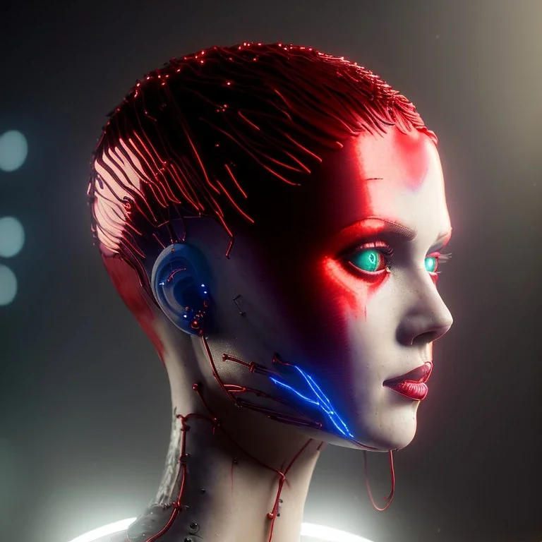 pretty red short hair cyber woman, cold ambient, latex, cables, purpurin, blood, black, gold, piercings, brown, decorative color feathers, circuits, neon style, a lot of led lights, fog, rain, vibrant color, highly detailed, art stations, concept art, smooth, unreal engine 5, god rays, ray tracing, RTX, lumen lighting, ultra detail, volumetric lighting, 3d, finely drawn, high definition, high resolution.