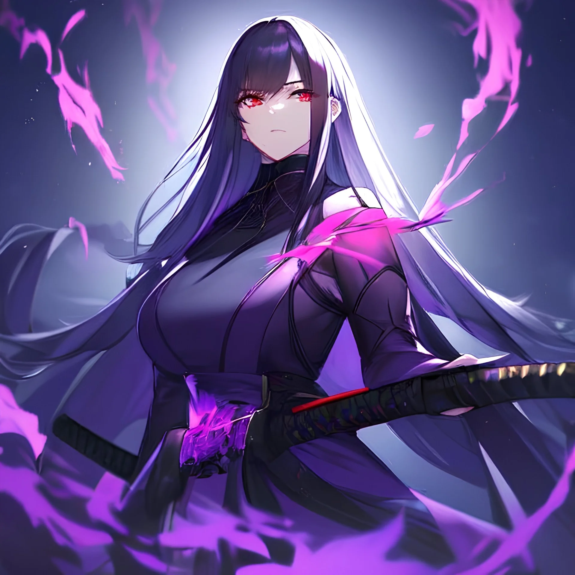 Clear Focus High resolution, black long hair, red eyes, holding glowing purple duel katanas, purple lighting in background, black and purple warrior outfit, serious face expression.