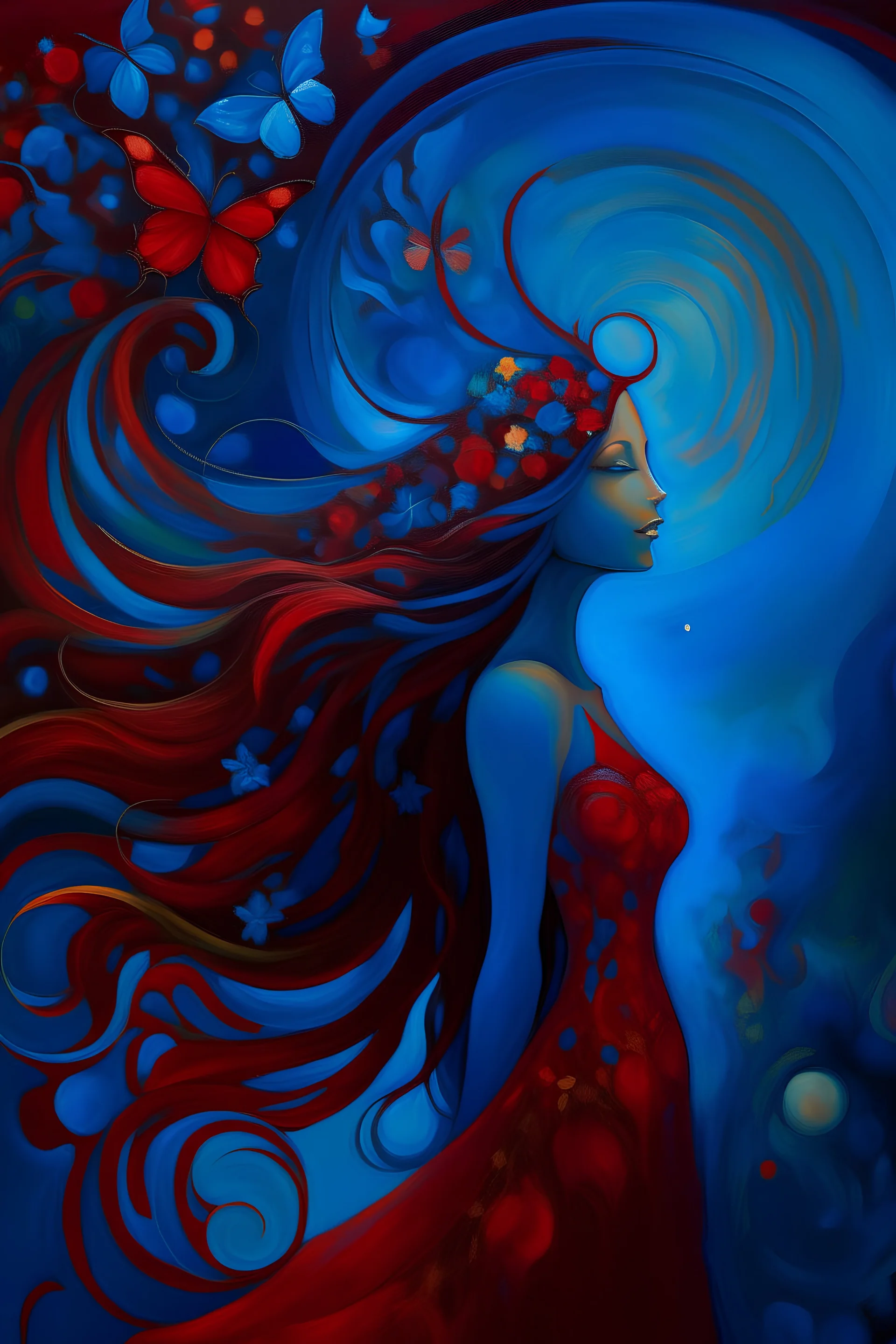 A captivating abstract painting featuring a stylized female figure with cascading, flowing hair, who gazes upwards towards a celestial night sky. The woman's silhouette is adorned with a stunning butterfly accessory in her hair, adding an enchanting touch to the composition. The backdrop is a vivid blend of deep blues and reds, illuminating the dreamy, fantastical atmosphere. A crescent moon and a few twinkling stars are visible, while a tree with delicate pink flowers graces the left side. On t
