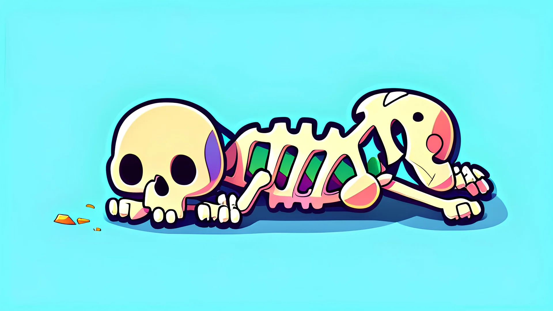 Cute chibi-style bony animal skeleton, big ribs pointing up while lying on the ground, cartoony, colorful, exaggerated, simplified,