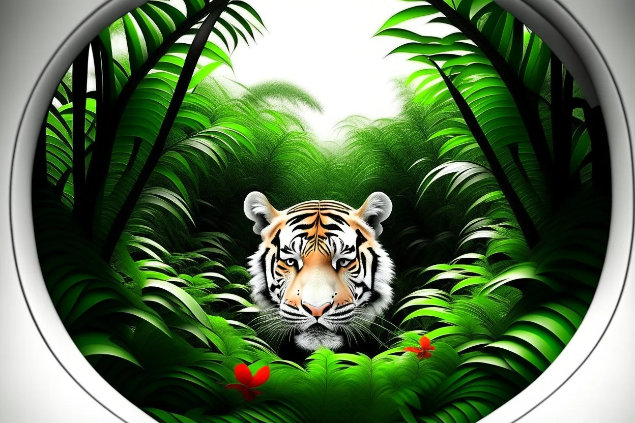 white,background,looking,through,a 3-d, hole,or,window,,and seeing tiger in tropical jungle