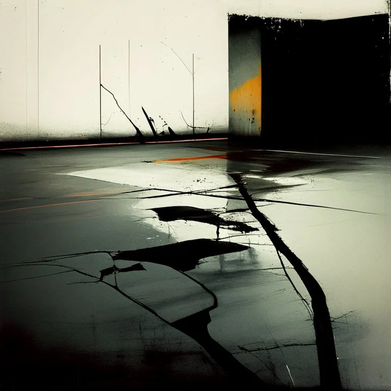 Minimal abstract oil paintings desolate 1960s carpark concrete fragments and road markings. Broken pipes on fire. Blurry outlines. In the style of Justin Mortimer and Francis Bacon.