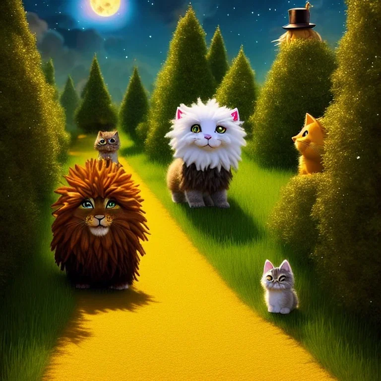 cute fluffy lion and scarecrow and tin-man and kitten on a journey into the woods walking on a yellow brick road, cute adorable pop surrealism, lowbrow art, realistic, street fashion, fluffy , pixar style, hyperrealism, christmas colors, rococo, by "NewAgerJul", Pixar, Disney, concept art, 3d digital art, Maya 3D, ZBrush Central 3D shading, bright colored background, radial gradient background, cinematic, Reimagined by industrial light and magic, 4k resolution post processing 8k resolution holog