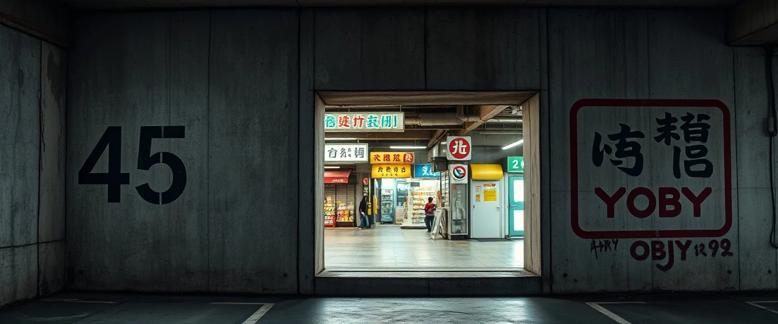 background of wall(wet textured concrete, gray, old, cracked, stained, 1 wall light) from underground parking, hong kong style, a large number "45" painted on left(old faded paint), at middle is an opening into an area with asian shops, cyberpunk, to the right of opening a faded painted rectangle containing alien language for obey