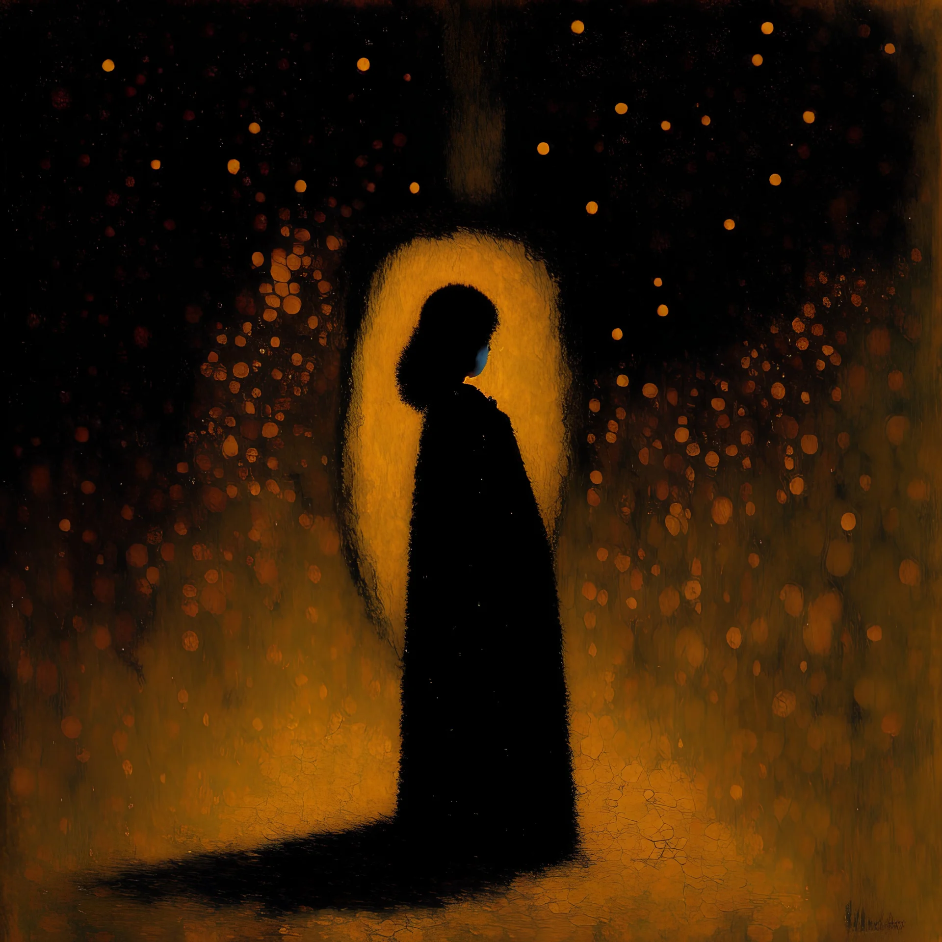 A small fire in the dark made by a lonely figure painted by Klimt