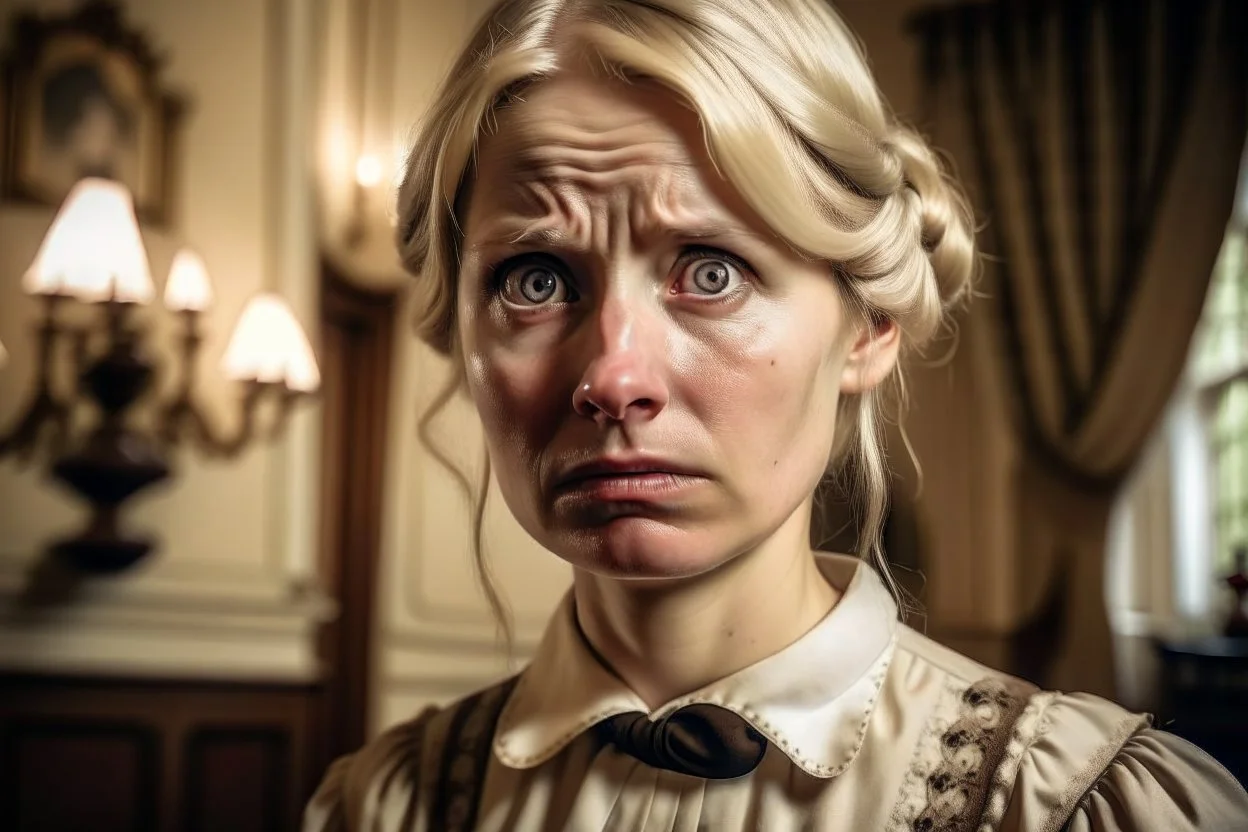 ww1 almost crying blonde maid talking close-up standing up looking to the camera, ww1 mansion room background