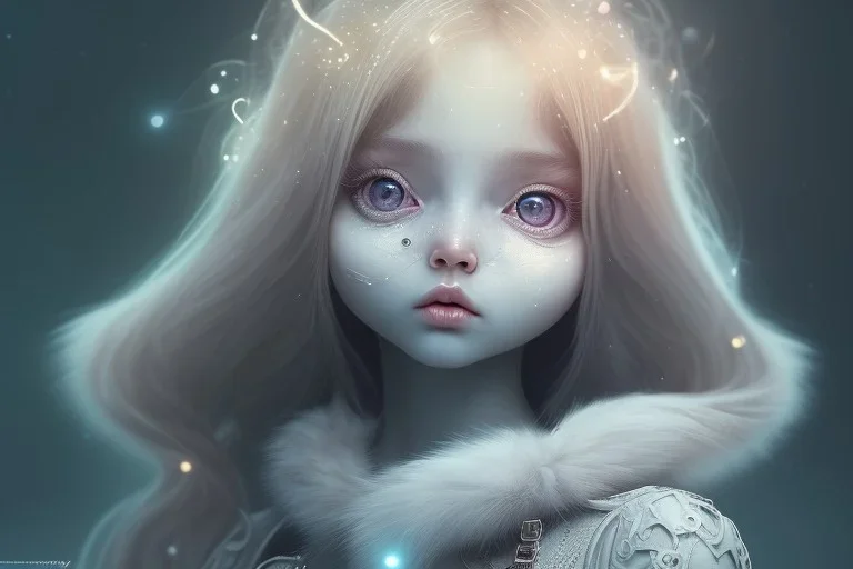 Little girl cutest AND softest creature in the world| large doll like eyes| supernatural and otherworldly| highly detailed vibrant fur| magical glowing trails| light dust| aesthetic| cinematic lighting| bokeh effect| mdjrny-v4 style