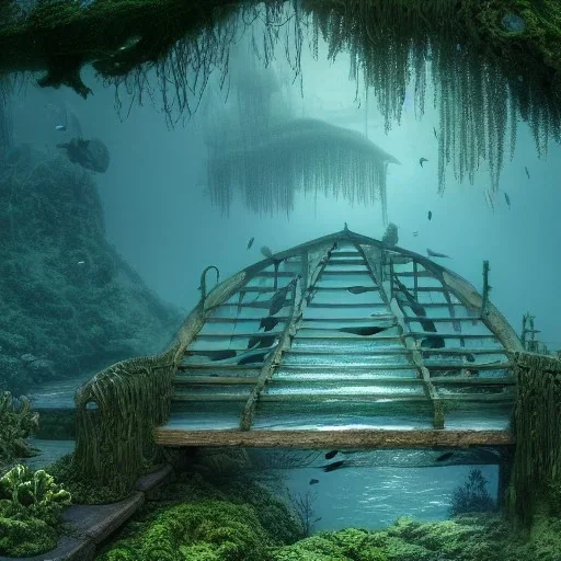 underwater forest and bridge at the bottom of a lake, school of fish, 8k Resolution, Fine-Detail, High-Quality, Intricate, Detailed Matte, 3d Octane Render, Beautiful, Stunning, Brian Froud, Selina French, Howard Lyon, Greg Rutowski, Annie Dittman, Annie Stokes