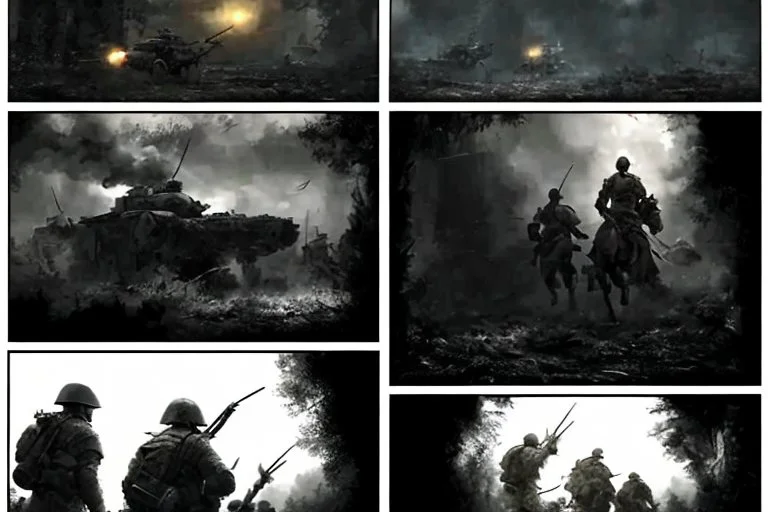 Masterpiece1:5)(Fineart), (award-winning:1.5), highest quality, (ultra realism:1.5) war journalism(,(by Tim Page and Hoorst Faas:1.5))(photorealistic:1.8), (Eastern Ukraine:(panel one:the moment after a battle ends, horrors of war, wounded men),(2nd panel, cinematic shot of men sitting in trench with 1000 yard stare (focus on their eyes:1.5)),(the third panel shows troops tired but hyper alert), (the fourth panel shows the sky is filled with incessant, fire and smoke,)