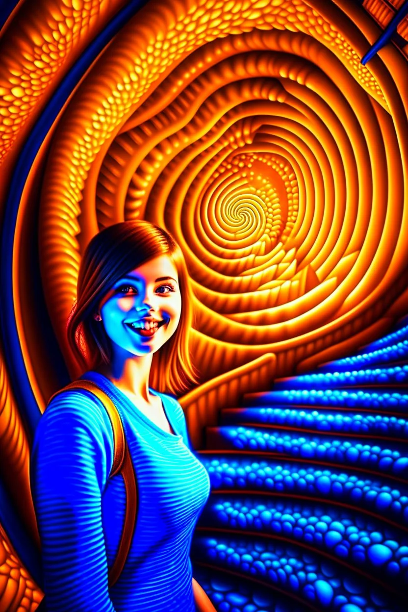 awake inside a dream, woman smiling online in the style of escher, spray paint, photo realism, trending on art station, 8k, depth of field, down light, light rays, volumetric, reflective spiral staircase, blue, yellow, golden brown and orange