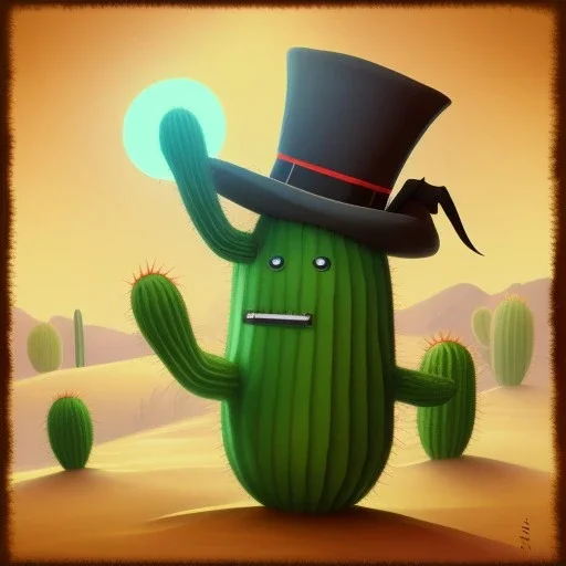 A giant, talking cactus wearing a top hat and monocle, standing in the middle of a desert oasis.