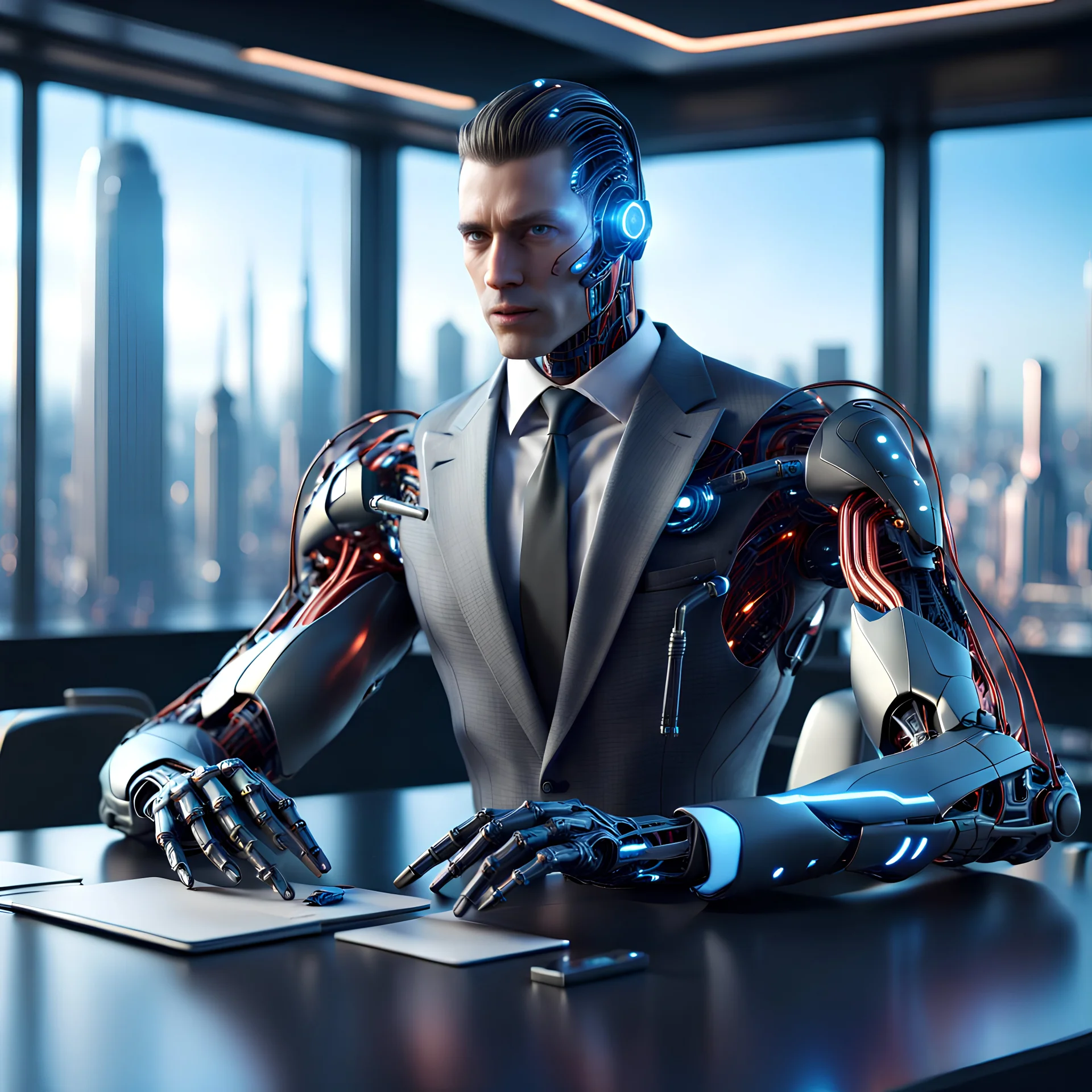 complex 3d render ultra detailed of a futuristic man android with business suit, in luxurious office sitting at desk overlooking city, cyborg, robotic parts, beautiful studio soft light, rim light, vibrant details, luxurious cyberpunk, lace, hyperrealistic, anatomical, facial muscles, cable electric wires, microchip, elegant, beautiful background, octane render,8k, best quality