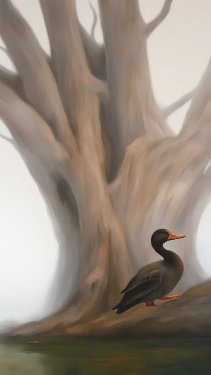 Bosch painting style , old willow tree by the river , a lovely ducks is swimming in the river