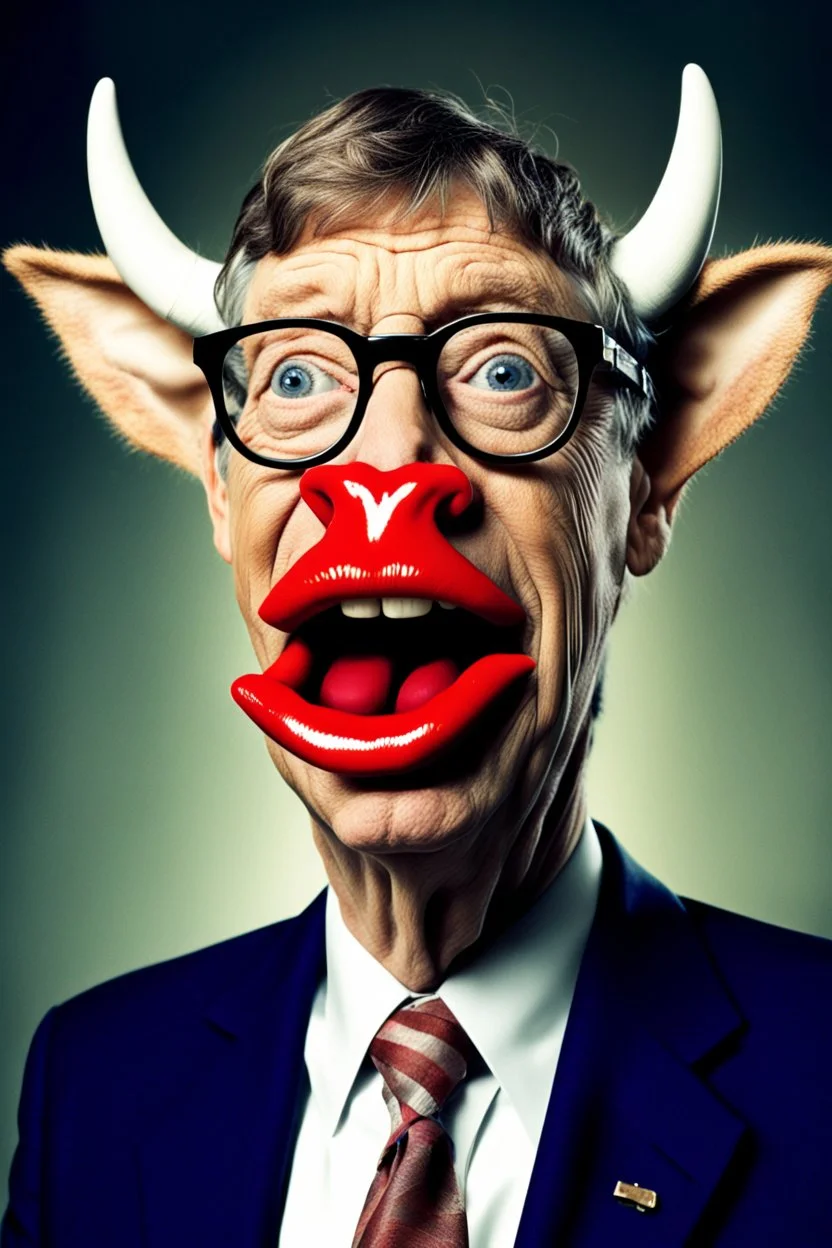 Bill Gates with a gremlin cow with big lipstick mouth, big lips