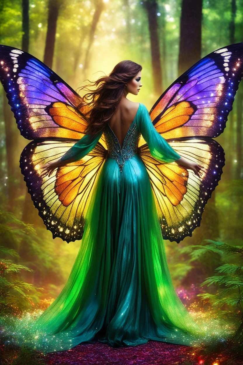 Gorgeous Photography Realistic Natural Beautiful butterfly woman straddle wings with gown shiny brown flowing hair, glitter colorful butterfly wings, lovely glowing green eyes, surrounded by magical colorful forest and flickering lights, digital photography, kaleidoscope, vibrant colors, vivid colors, colorful,she wak in magic forest full sparkling light